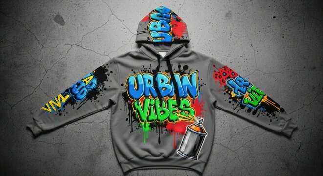 Dynamic 'Urban Vibes' Graffiti Hoodie with Spray Can Art on Gritty Concrete Floor - Powered by Adobe