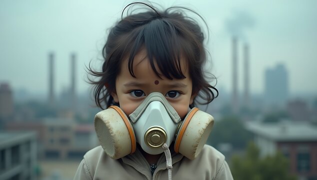 A child wearing a gas mask made from a deflating balloon, symbolizing air pollution, future generations, and climate urgency.

