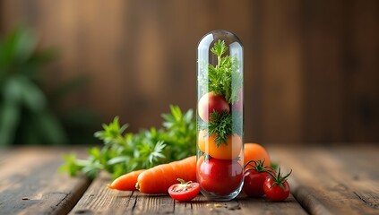 A capsule half-filled with fruits and vegetables instead of chemicals, symbolizing nutrition, immunity, and awareness about natural health.

