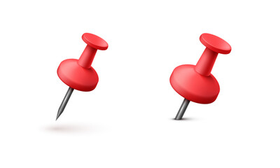 Red pushpins in realistic 3D style. Vector illustration.