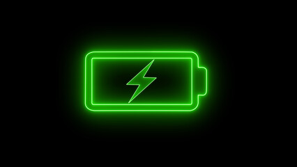 Glowing neon Green color mobile battery charging icon. Abstract battery neon icon in futuristic bright polygonal style, with charging symbol	