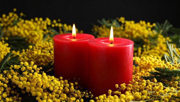 Two lit red candles amidst yellow flowers in the dark