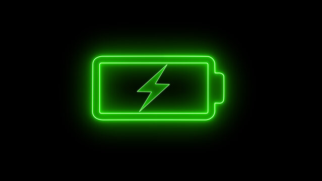 Glowing neon Green color mobile battery charging icon. Abstract battery neon icon in futuristic bright polygonal style, with charging symbol - Powered by Adobe