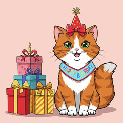 Playful orange-and-white cartoon cat with green eyes, party hat, and birthday banner, surrounded by colorful presents on a pink background.