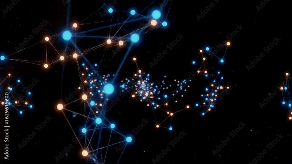 Aufkleber networks of glowing blue and orange nodes are interconnected in a dark space creating a digital or c