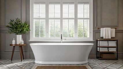 Elegant freestanding bathtub in a luxurious bathroom with plantation shutters