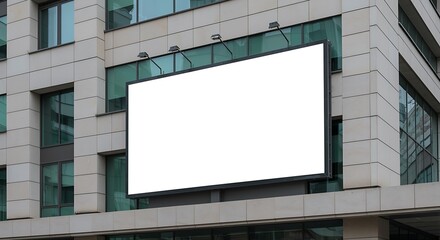 Obraz premium A large blank billboard attached to the side of a modern building with many windows and lights above it