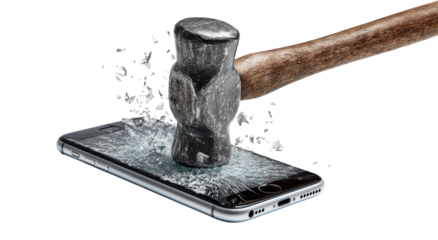 A metal hammer smashes a smartphone screen, causing shattering glass