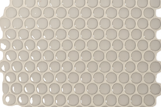 White round ceramic mosaic tiles with grout in organic torn shape on transparent background artistic wall texture concept