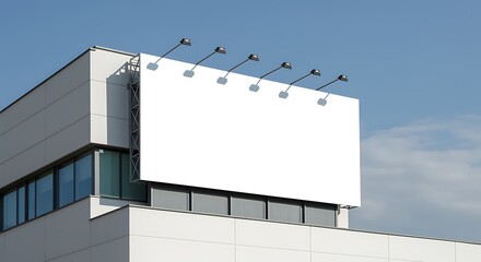 A large blank billboard on top of a building with lights against a clear blue sky backdrop view