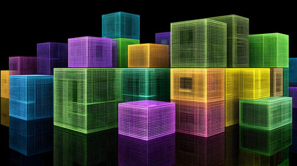 intelligence structures evolving in a virtual reality grid with vibrant energy lines