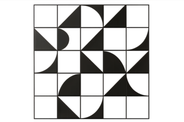 Geometric black tile with quarter circles forming a modern abstract pattern on transparent background