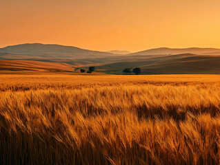 Obraz premium lush wheat field bathed in sunset glow, rolling landscape of hills in soft backlight, peaceful farming region during golden hour on white background 