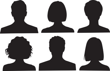 Set of anonymous user profile picture icons. Black silhouette head and shoulders avatars for men and women with different hairstyles.
