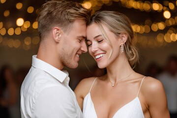 Happy couple smiling and embracing at wedding reception with bokeh lights