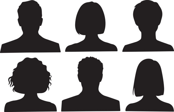 Set of anonymous user profile picture icons. Black silhouette head and shoulders avatars for men and women with different hairstyles.
