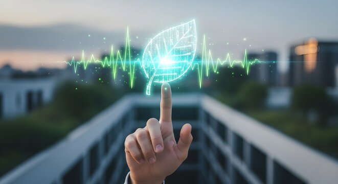 A hand touches a glowing leaf icon with a heartbeat line, symbolizing green energy and sustainability, against a blurred cityscape backdrop.