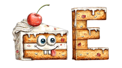 A doodle letter 'E' shaped like a slice of birthday cake with a goofy grin and a cherry on top, isolated on a Transparent Background