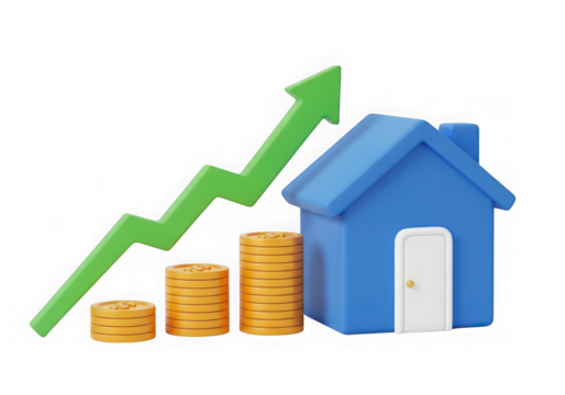 3d icon of a blue house with a growing green arrow and stacks of coins, symbolizing real estate investment growth and financial success, isolated on a transparent background - Powered by Adobe