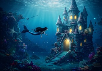 Enchanting Mermaid Swimming Towards Underwater Castle, Ocean Fantasy Art, Sea Life.