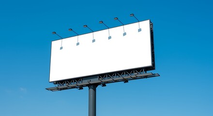 A large blank billboard against a clear blue sky with several lights along the top edge of it