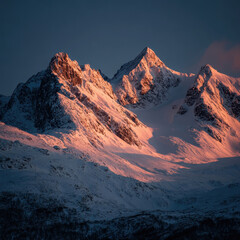 Obraz premium Snowy peaks illuminated by the dawn: A stunning panorama of snow-covered mountain peaks bathed in the warm glow of the rising sun, the sky transitioning from deep blue to soft pink.