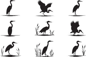 Set of heron bird silhouettes. A vector illustration pack of egret or stork icons for nature and wildlife design elements.