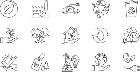 Fototapeta premium Vector art of collection of ecofriendly and sustainability icons, including nature, energy, and recycling symbols, isolated on white background transparent background