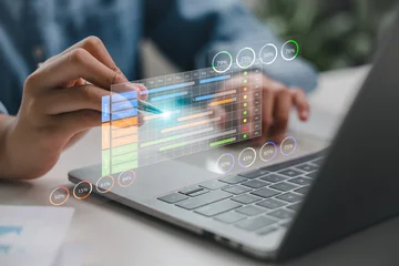 Fototapete Eisenbahnlinie User interacting with digital project management dashboard showing Gantt chart, activities, and progress tracking in modern workplace.  © FAMILY STOCK
