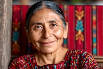 Obraz premium Portrait of smiling indigenous guatemalan woman wearing traditional clothing