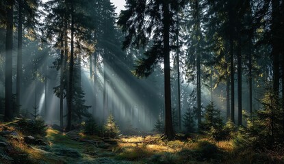 Fototapeta premium Ethereal misty forest with tall trees and sun rays shining through the fog at sunrise, tranquil nature landscape with soft light and atmospheric mood in the early morning woodland scenery