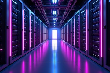 Fototapeta premium Data center server room with neon lights, modern it infrastructure for cloud computing and data storage