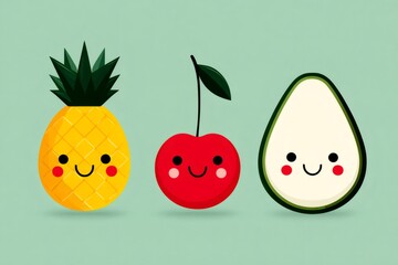 Pineapple, cherry and avocado smiling on green background