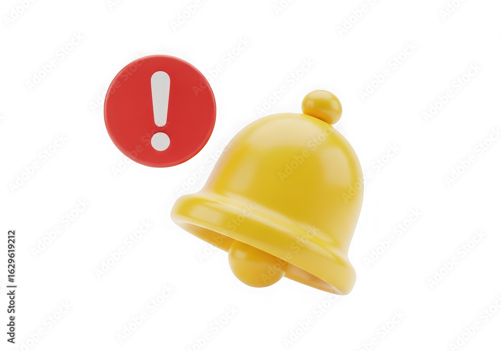 Poster 3d icon of yellow notification bell with a red warning sign and exclamation mark, isolated on a tran