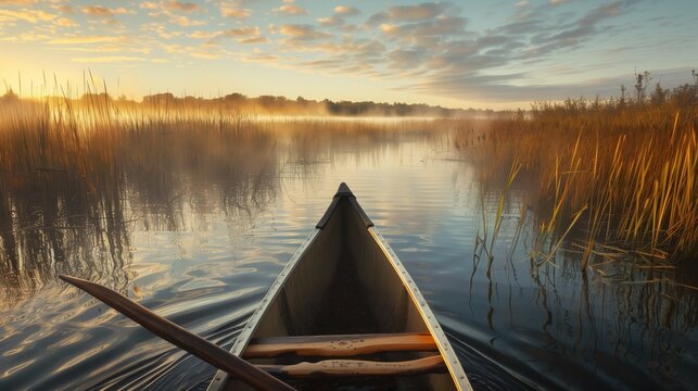 Wild Rice Month. scene of traditional wild rice harvesting in Minnesota lake, Native American canoe with wooden poles, autumn morning mist over water, wild rice stalks bending in gentle breeze