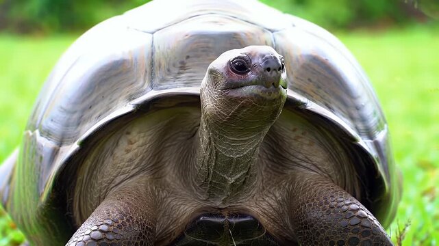 Close-up portrait of a majestic giant tortoise with an ancient shell on vibrant green grass