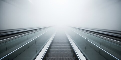 Obraz premium Endless escalator looping upward into fog on surreal landscape background