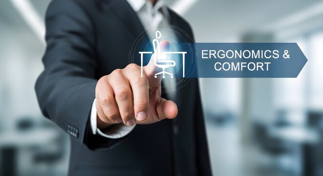 Businessman interacting with a graphical representation of ergonomics and comfort in an office setting.