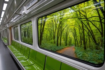 Empty subway car showing forest through window, promoting green commute and environmental awareness