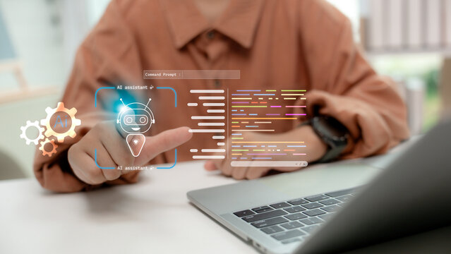 Person using AI assistant through virtual interface for task automation, scheduling, document support, and data analysis in smart office.