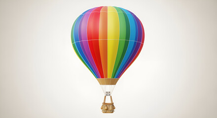 Fototapeta premium A vibrant rainbow colored hot air balloon with a wicker basket against a plain light background