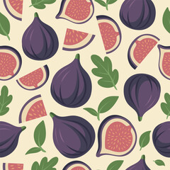 Fig pattern. Elegant seamless pattern with whole and sliced figs and green leaves. Perfect for kitchen projects, packaging and food products