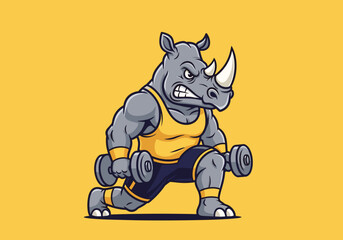 Fototapeta premium Strong Rhino Character Lifting Dumbbells in a Dynamic Exercise Pose Against a Bright Yellow Background