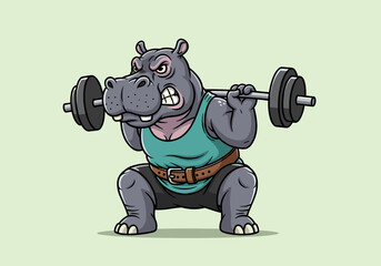 Cartoon Hippopotamus Lifting Weights in a Funny Gym Scene