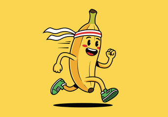 Playful Banana Character Running Energetically with a Headband and Green Shoes on a Bright Yellow Background