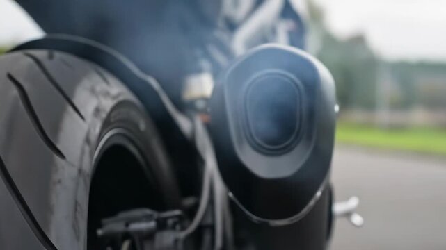 Black motorcycle exhaust pipe emitting smoke and fumes after the powerful engine starts up