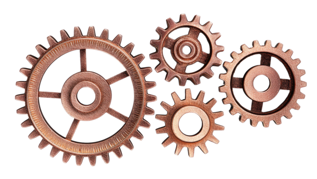 Close-up of interconnected gears, copper-toned, against black background