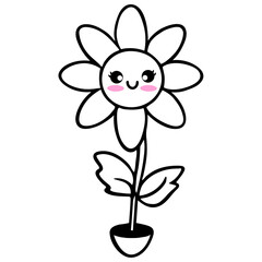 Cute flower with a smiling face in a pot with leaves and petals drawn in black outline style illustration