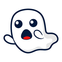 Cartoon ghost with surprised expression floating in the air with a white body and black outline design