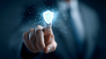 Businessman in a suit activates a digital security shield symbol with a fingertip, representing cybersecurity and protection.